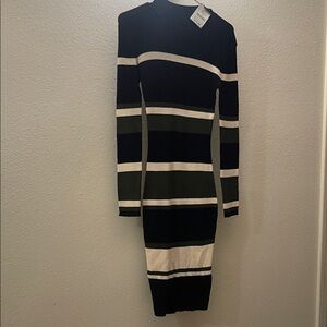 Black and White Olive Green Striped Knit Dress
